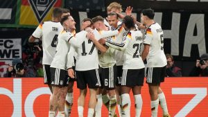 Selebrasi Timnas Jerman usai menjebol gawang Timnas Slovakia di Grup A Kualifikasi Piala Dunia 2026 zona Eropa, Selasa (18/11/2025) dini hari WIB. (