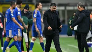 Pelatih Timnas Italia, Gennaro Gattuso, tampak sedih setelah dikalahkan dalam pertandingan kualifikasi Piala Dunia FIFA 2026 zona Eropa antara Italia dan Norwegia, di Stadion San Siro, Milan, Senin (17-11-2025) dini hari WIB.