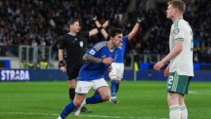 Sandro Tonali merayakan golnya dalam laga play-off kualifikasi Piala Dunia 2026 antara Italia vs Irlandia Utara di New Balance Arena, 27 Maret 2026.