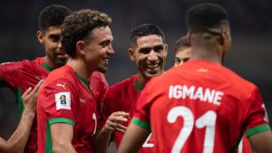 Para pemain Maroko merayakan gol mereka ke gawang Niger dalam pertandingan kualifikasi Grup E Piala Dunia di Stade Prince Moulay Abdallah, Rabat, Maroko, Sabtu (6-9-2025) dini hari WIB.
